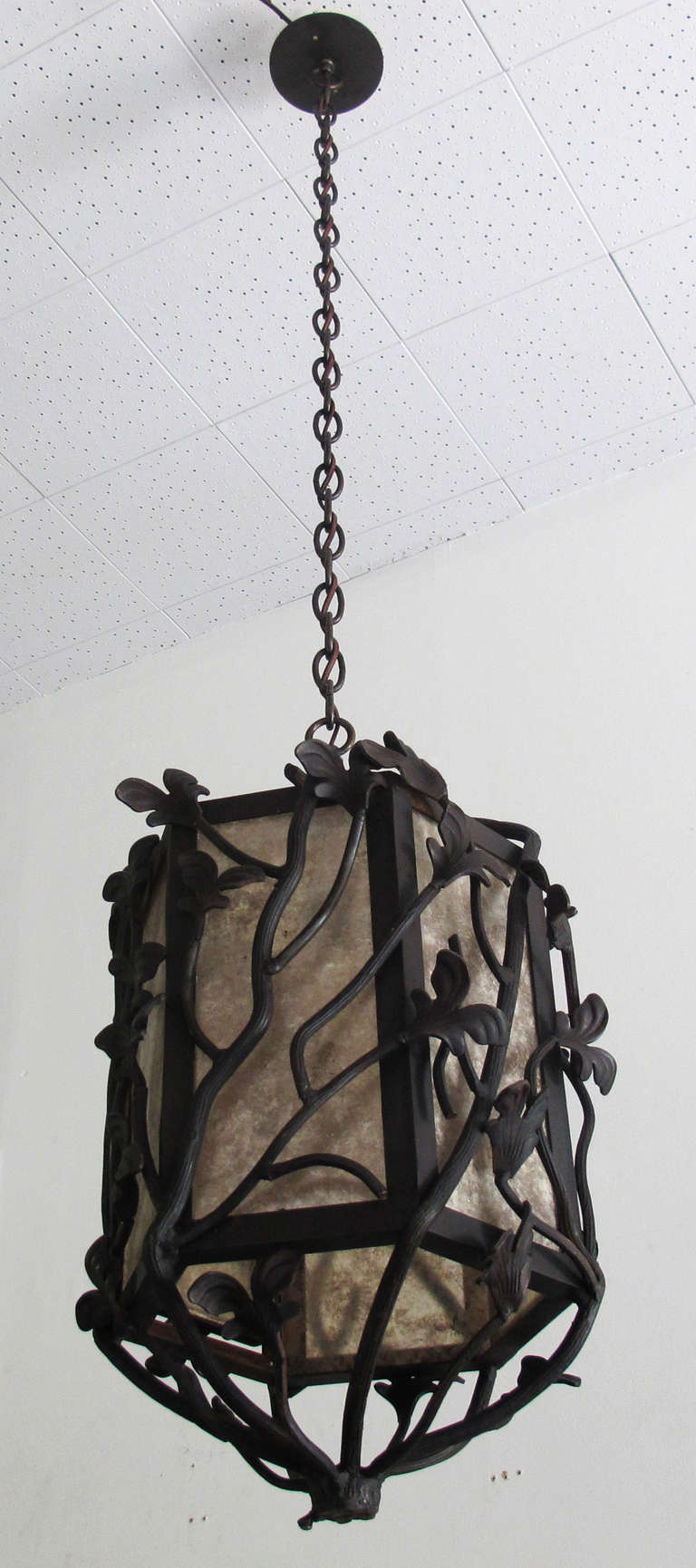 Custom Wrought Iron Lantern Pendant In Excellent Condition In Los Angeles, CA