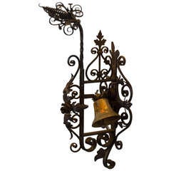 Antique Spanish Revival Hand Wrought Iron Floral & Leaves Garden Gate Bell