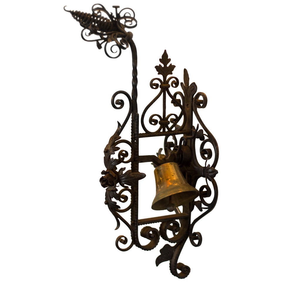 Spanish Revival Hand Wrought Iron Floral & Leaves Garden Gate Bell
