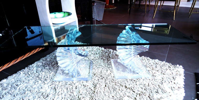 Absolutely stunning table with lucite spiral staircase bases and 3/4