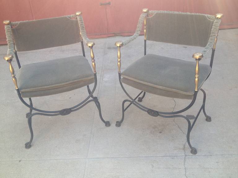 Set of 4 French Iron and Velvet  Chairs