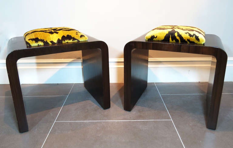 French Pair of Art Deco Stools Upholstered in Scalamandre Le Tigre