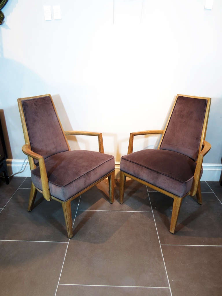 Handsome pair of pull-up chairs by Monteverdi-Young. The frames are solid bleached mahogany. Newly upholstered in cotton-gray velvet. 

2 pairs available.

Disclaimer: Please contact us in advance if you would like to view this item at our