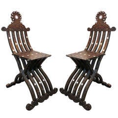 Vintage Pair of Moroccan Carved Folding Chairs