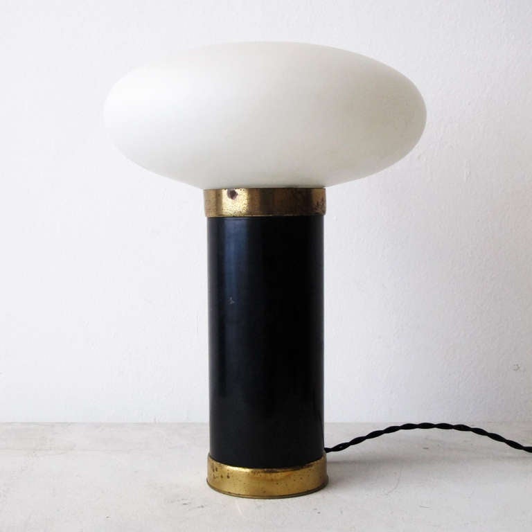 Metal cylinder housing with a glass mushroom formed globe.