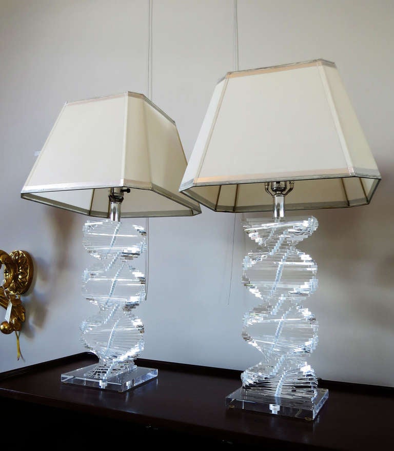 Pair of Spiral Staircase Lucite Lamps