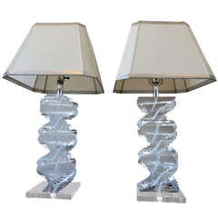 Pair of Spiral Staircase Lucite Lamps
