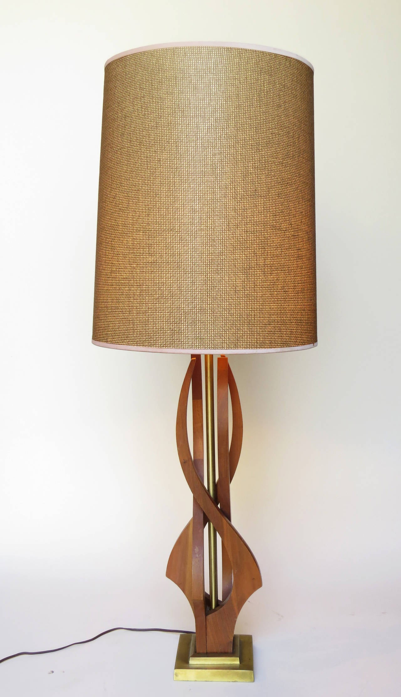 Pair Walnut and Brass Table Lamps with Original Shades