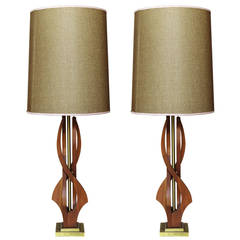 Pair Walnut and Brass Table Lamps with Original Shades
