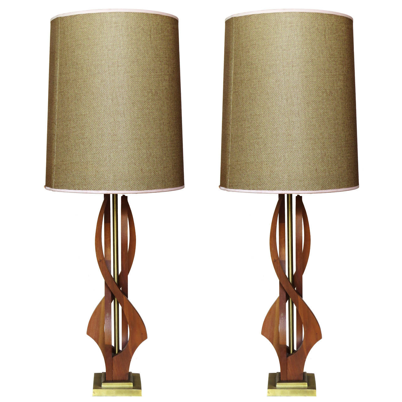 Pair Walnut and Brass Table Lamps with Original Shades For Sale at 1stDibs