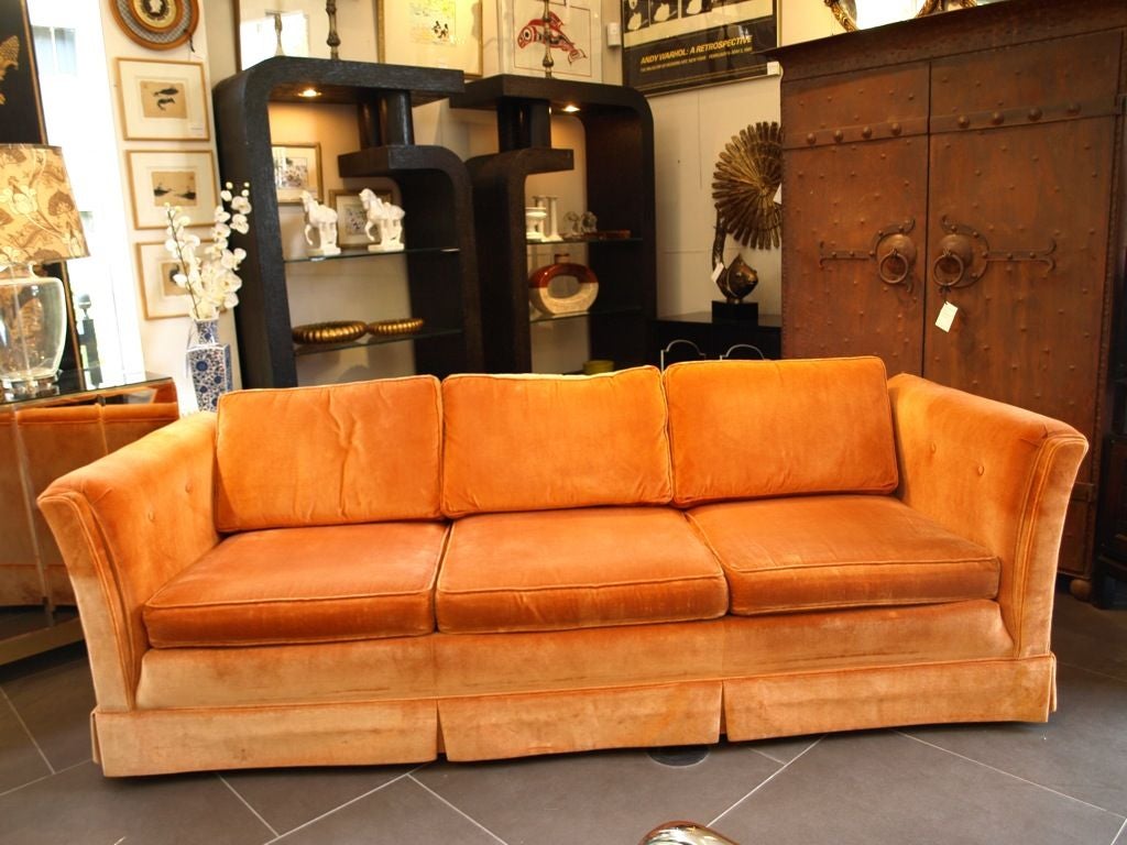 Mid Century Dunbar style orange velvet 3 seats sofa at 1stdibs