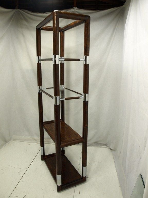 Pair of Chrome & Wood Etageres or Shelf Units.