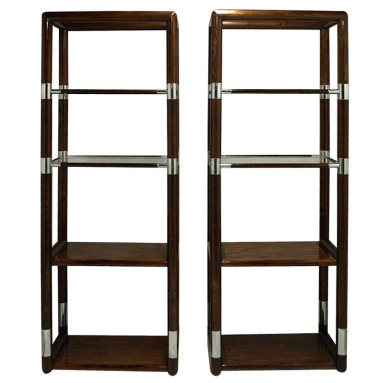 Pair of Chrome and Wood Etageres or Shelf Units. at 1stDibs