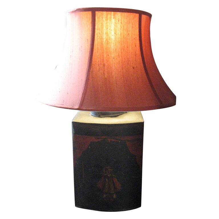 Circa 1800
s Asian Tole Tea Can Lamp w/Chinoserie Painting