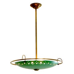 Italina 1940's Brass Patina and Green Hanging Fixture