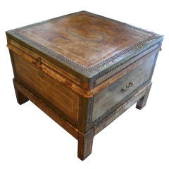 Gorgeous Vtg. Tooled Leather Campaign Chest (on stand as table)