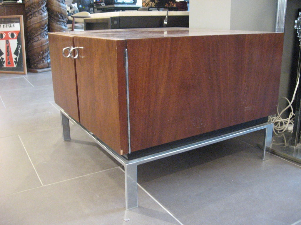 Small Two Door Console in Chrome and American Walnut In Fair Condition For Sale In Los Angeles, CA
