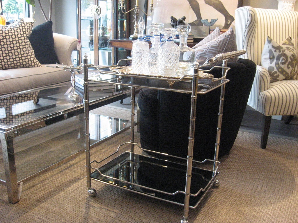 American Vintage Nickel Bar Cart with Tinited Glass and Smoke Mirror