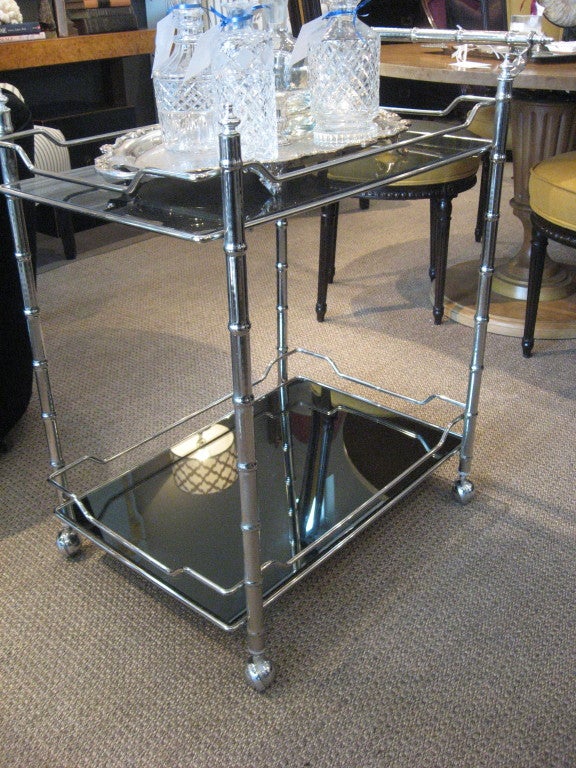 Mid-20th Century Vintage Nickel Bar Cart with Tinited Glass and Smoke Mirror