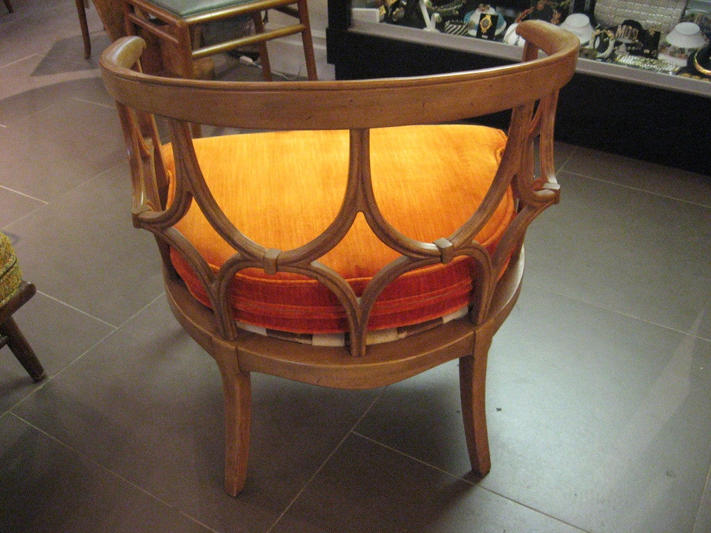 Mid-Century Modern Pair of Beige Barrel Back Chairs with Orange Seat Cushions