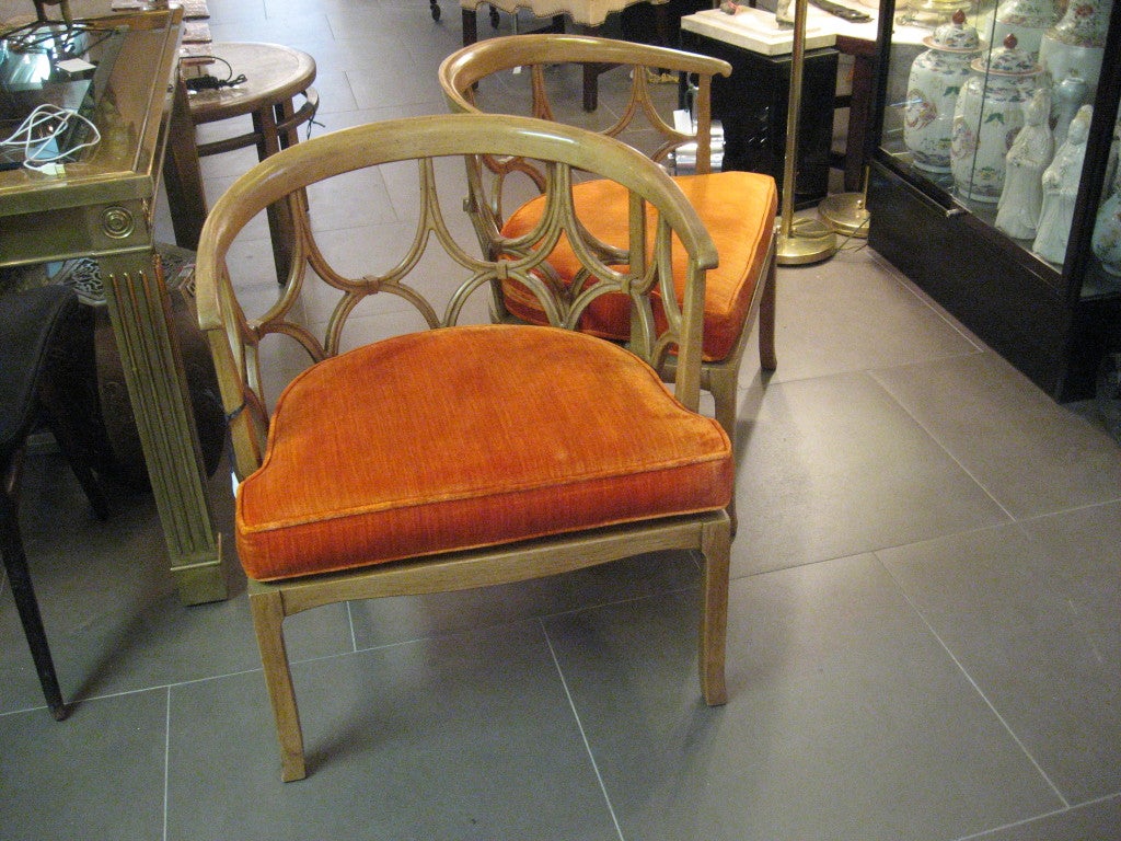 Pair of Beige Barrel Back Chairs with Orange Seat Cushions In Excellent Condition In Los Angeles, CA