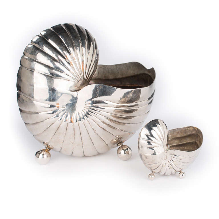 English mid 19th century silverplate nautilus form vases with ball form feet.
England circa 1880.
Large form vase with an associated similar vase, same age and technique.
Priced for the two pieces.