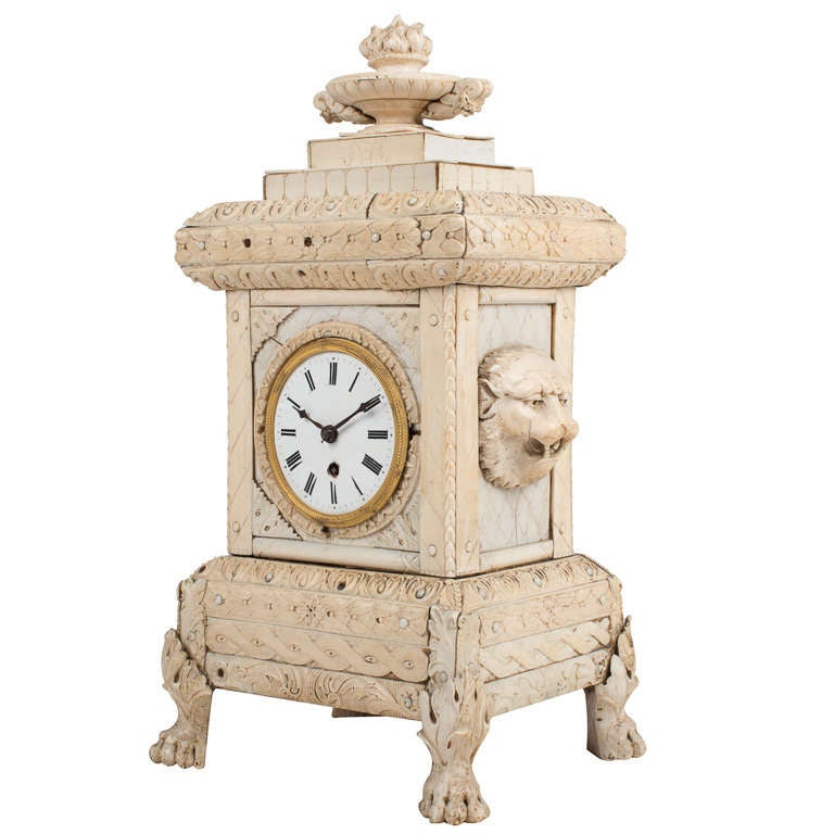 French Rare Early 19th Century Dieppe Carved Mantle Clock For Sale