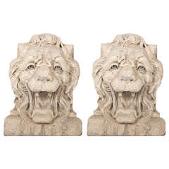 Large French 19th Century Carved Stone Lion Heads