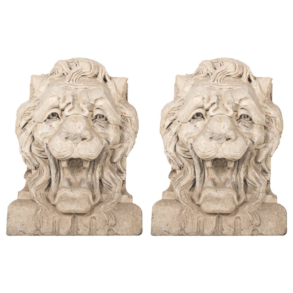 Large French 19th Century Carved Stone Lion Heads For Sale