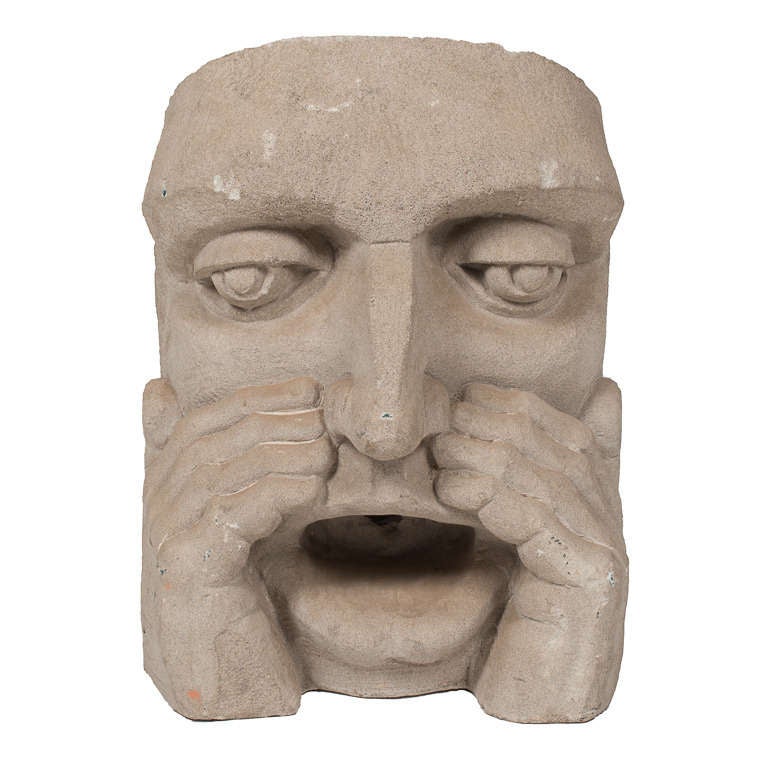 Beautifully carved mid century American carved stone fountain head of man calling out with his hands curved around his mouth. Nice clean bold lines reminiscent of the art deco period