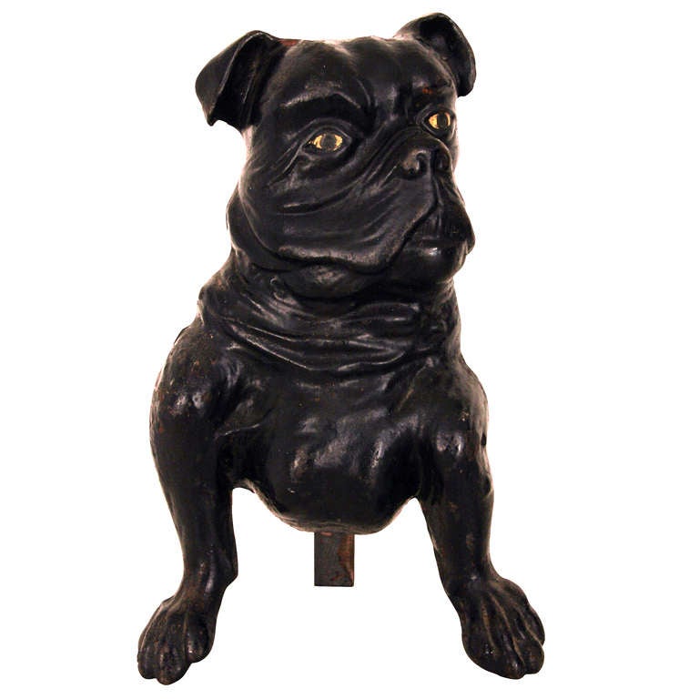 19th Century French Bulldog Andirons with original paint finish. Beautiful Patination 