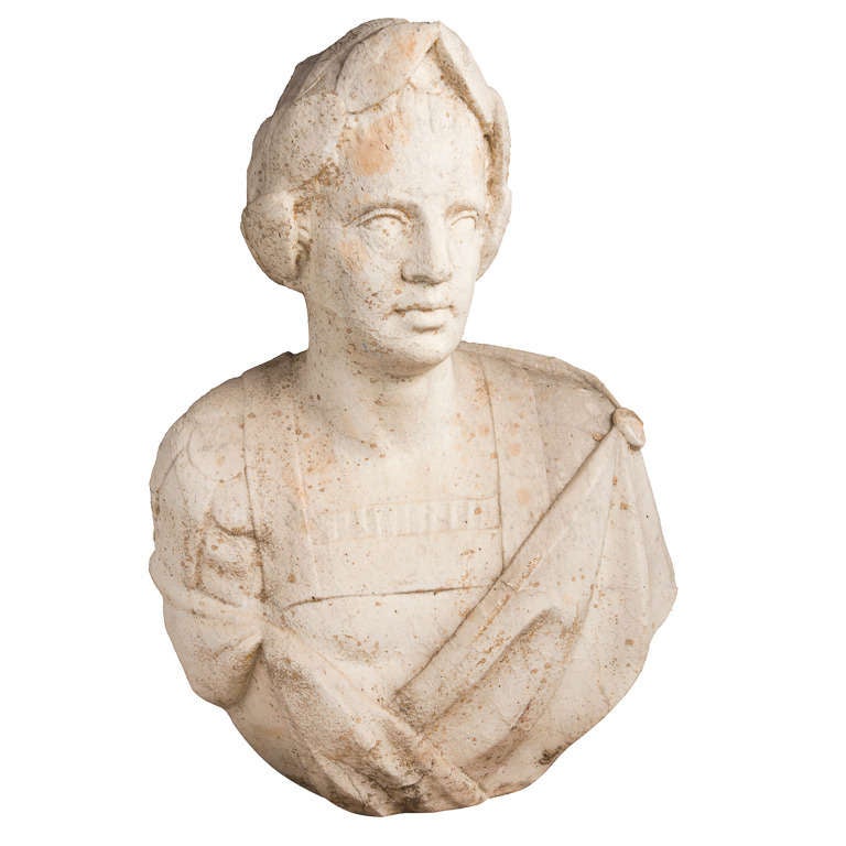 Period Renaissance beautifully carved bust of laureled and toga-wearing man. Original patination