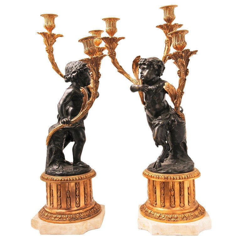 Cupid and Child Satyr Bronze and Gilt Candelabra For Sale