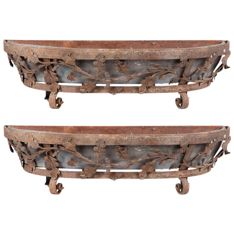 Large Pair of French 17th Century Hand-Wrought Iron Planters For Sale