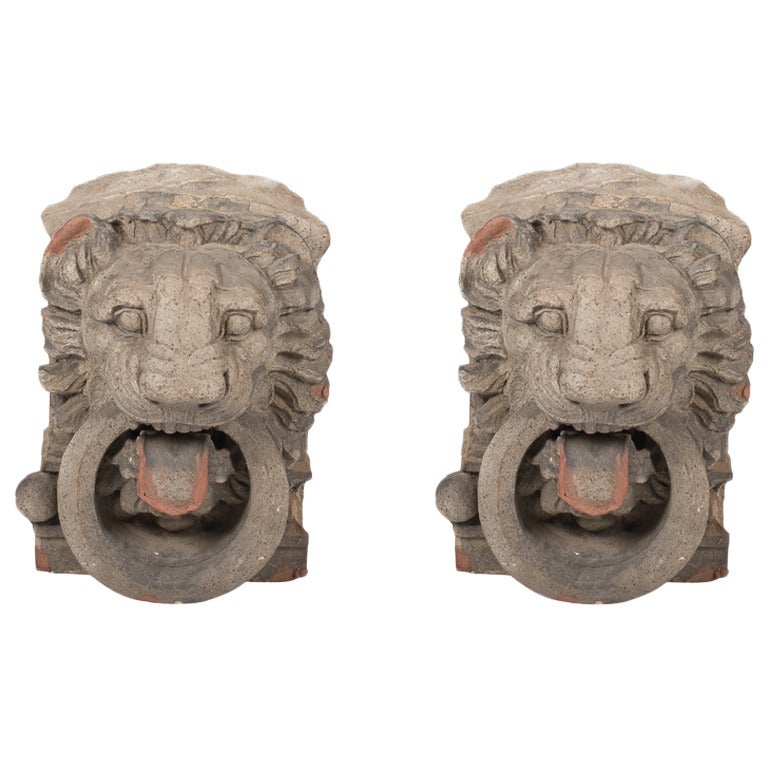 Pair of 19th Century French Stone Lion Heads For Sale