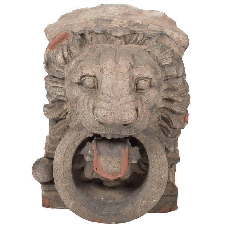 Pair of spectacular 19th century carved stone lion heads pulled from a chateau estate façade.