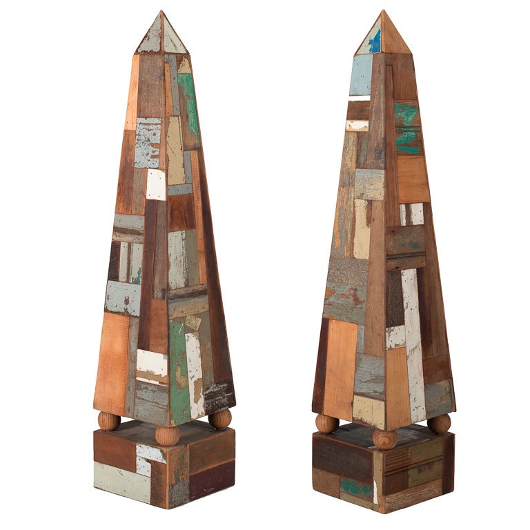 Great pair of 19th Century French folk art obelisks constructed from varies pieces of drift wood and random cuts. Great scale and presence