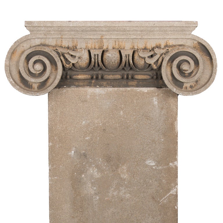 Pair of wonderfully carved, clean lined French, 18th century carved limestone pilasters. Large-scale breaks down into six parts. Great original patination.