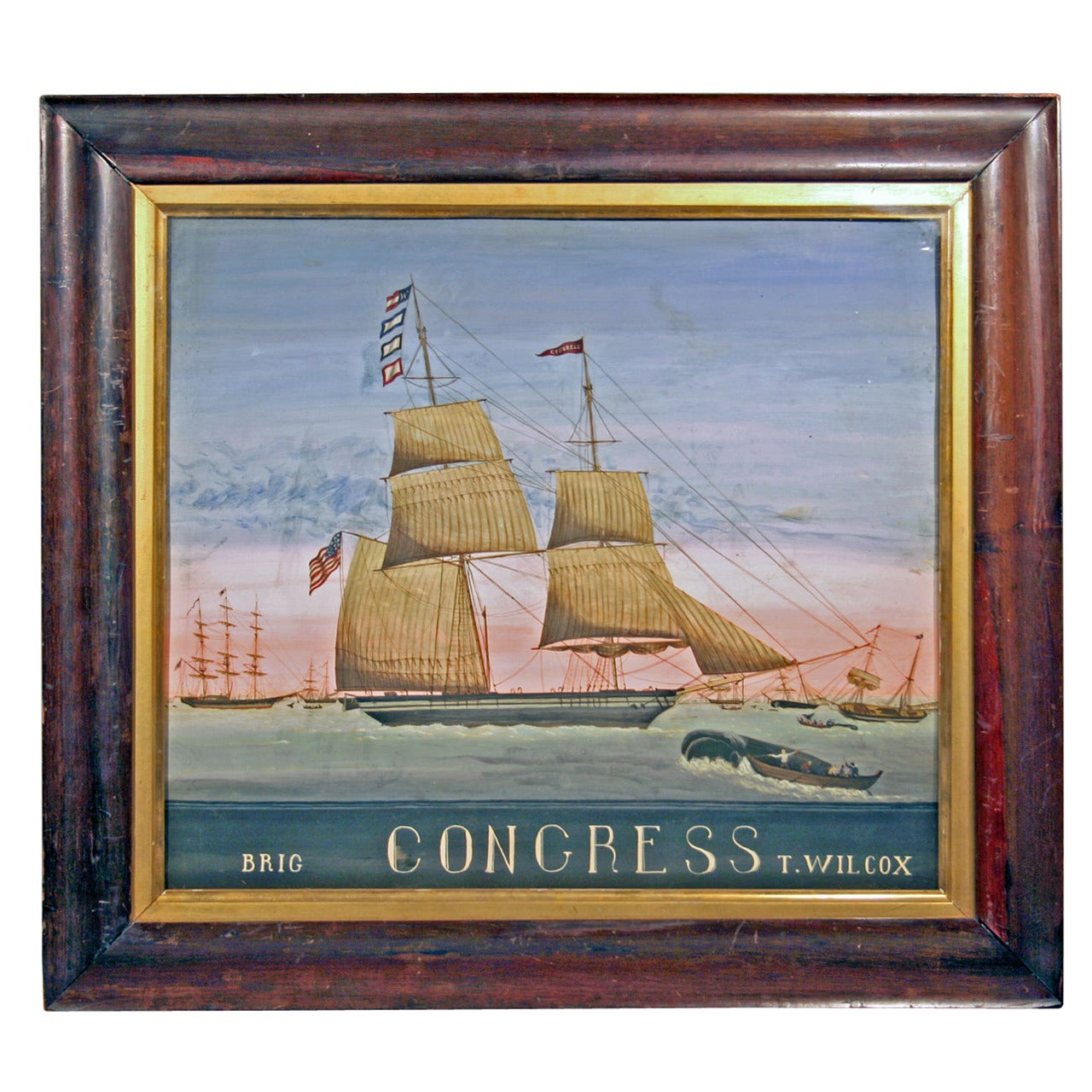 Whaling Scene Painting with American "Brig Congress T. Wilcox"