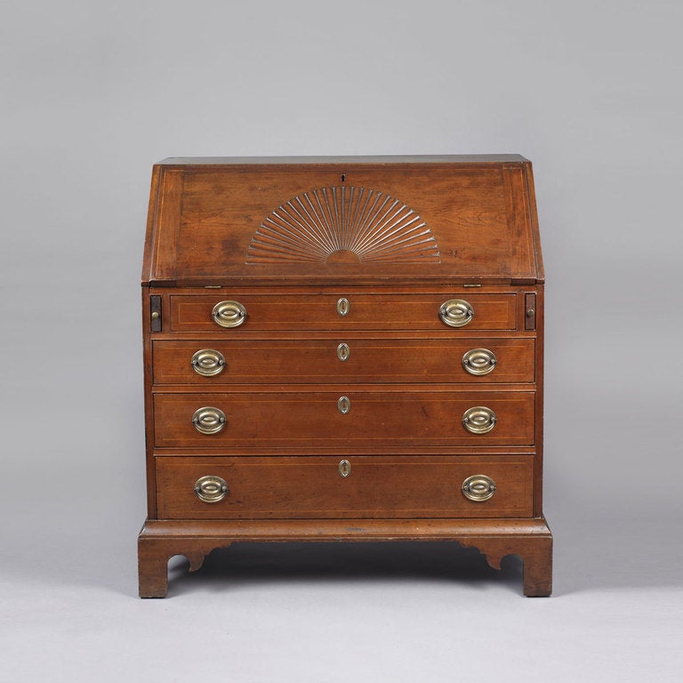 Probably Connecticut River Valley, ca. 1785.
Cherry, white pine secondary woods.
The interior is fitted with a central fan carved drawer initialled 