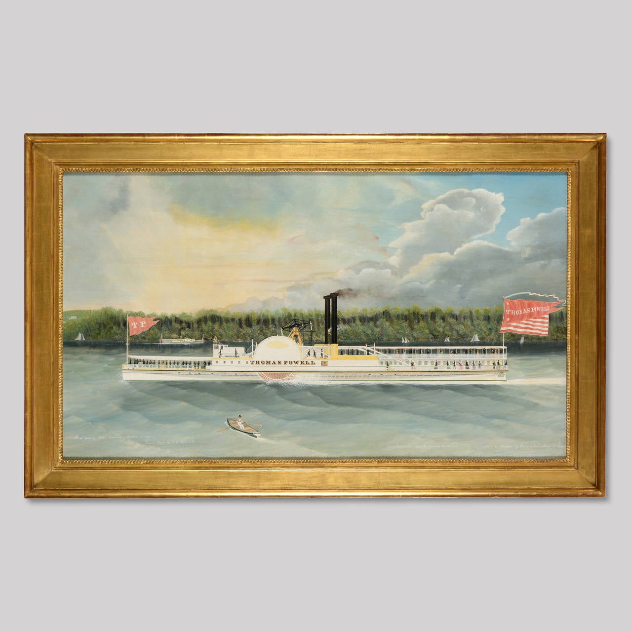 Paddlewheel Ship'Thomas Powell.'
Inscribed (l.r.): Drawn and painted by James & John Bard, New York / Messers Lawrence & Sneeden Builders, Engine T. F. Secor & Co. Steamboat painters Bootman & Smith.
Oil on canvas:
Measures: 31 ¼