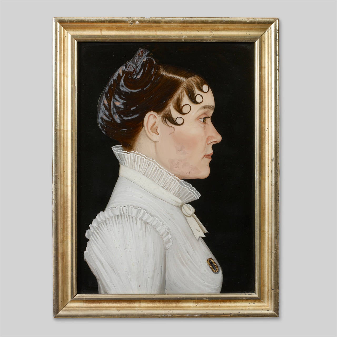 Portrait of Mrs. Nancy Wyman-Houghton.
Unsigned, circa 1810-1815.
Reverse painting on glass.
Measures: 19 1/2