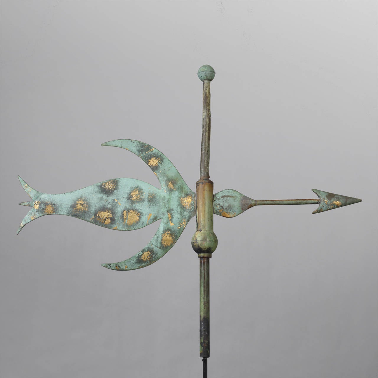 American, ca. 1865-1875.
Copper, copper tubing, iron
Condition: Excellent condition with a wonderful verdigris surface and traces of the original gold leafing.
Provenance: Private Collection, CT. Purchased in the early 1960's.

This unusual and