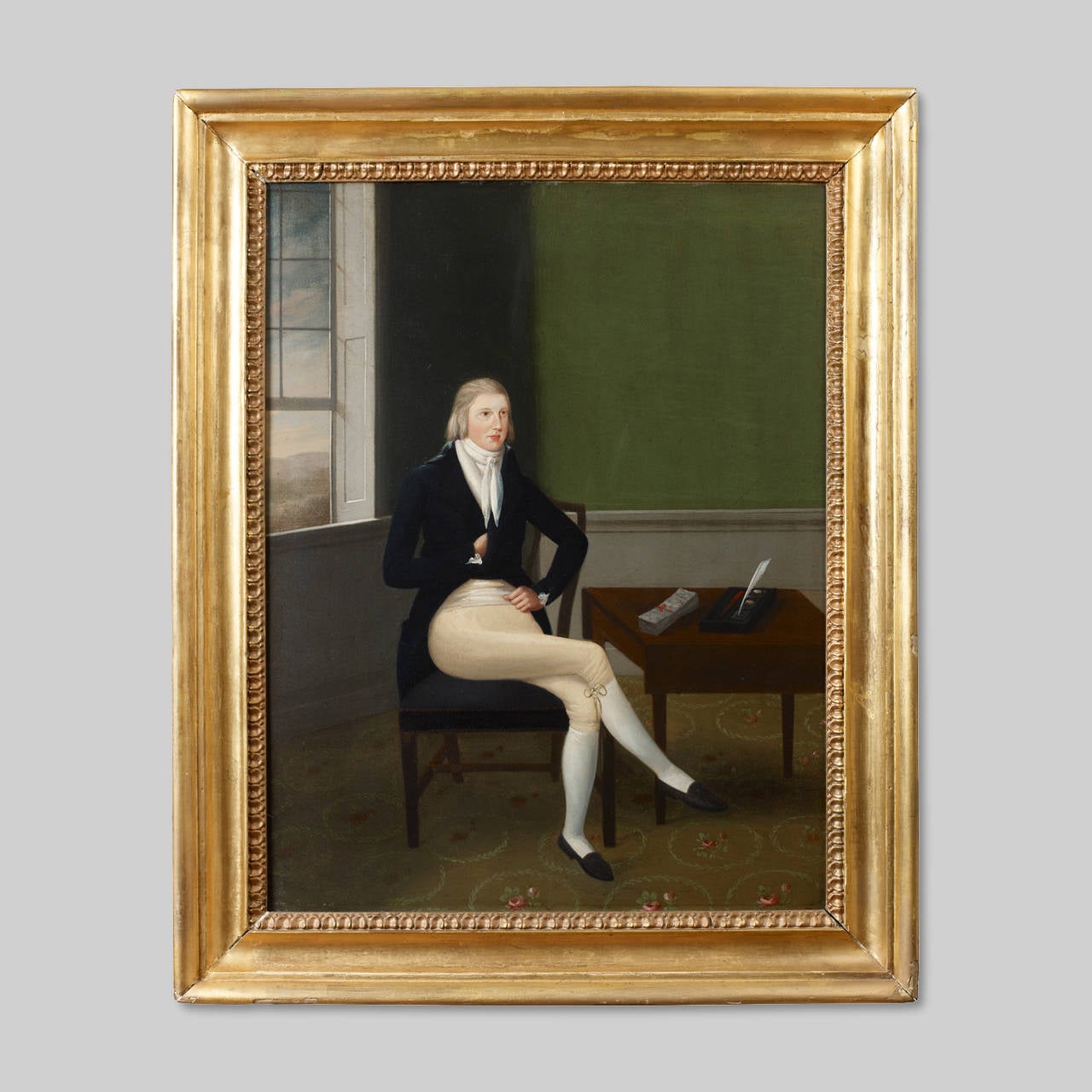 Portrait of John James Stewart,
circa 1800.
Oil on mahogany panel.
Condition: Excellent condition, very minor scattered in-paint along edges of panel. Possibly in original frame.
Measures: 25 7/8