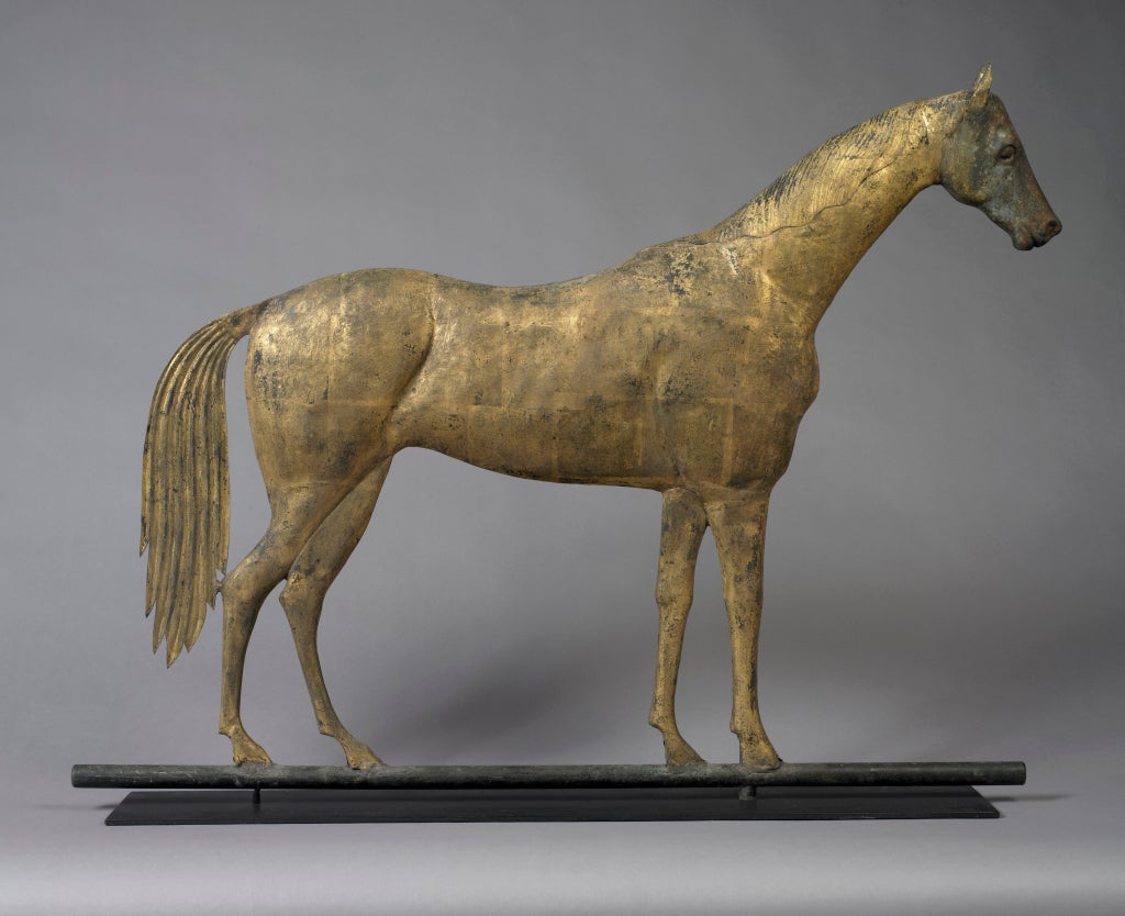 Attributed to J.W. Fiske, New York
Ca. 1875-1895
Provenance: Private Collection, Chicago
This model of a horse weathervane is not commonly found. The elegance of this horse with the long neck, legs and tail make it a fine example.