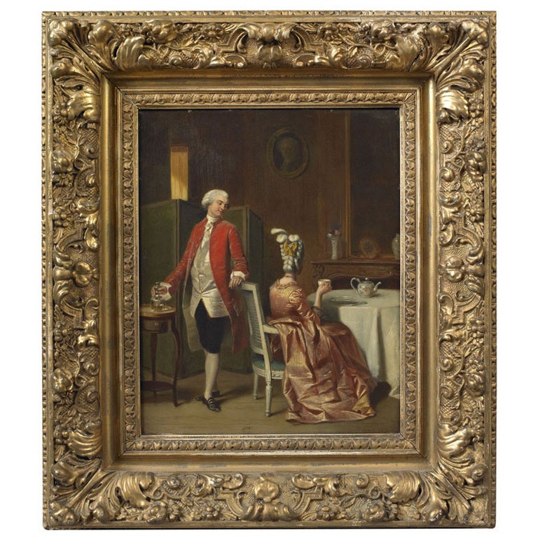 Painting of a Gentleman Observing a Lady Drinking Tea in an Elegant Interior For Sale