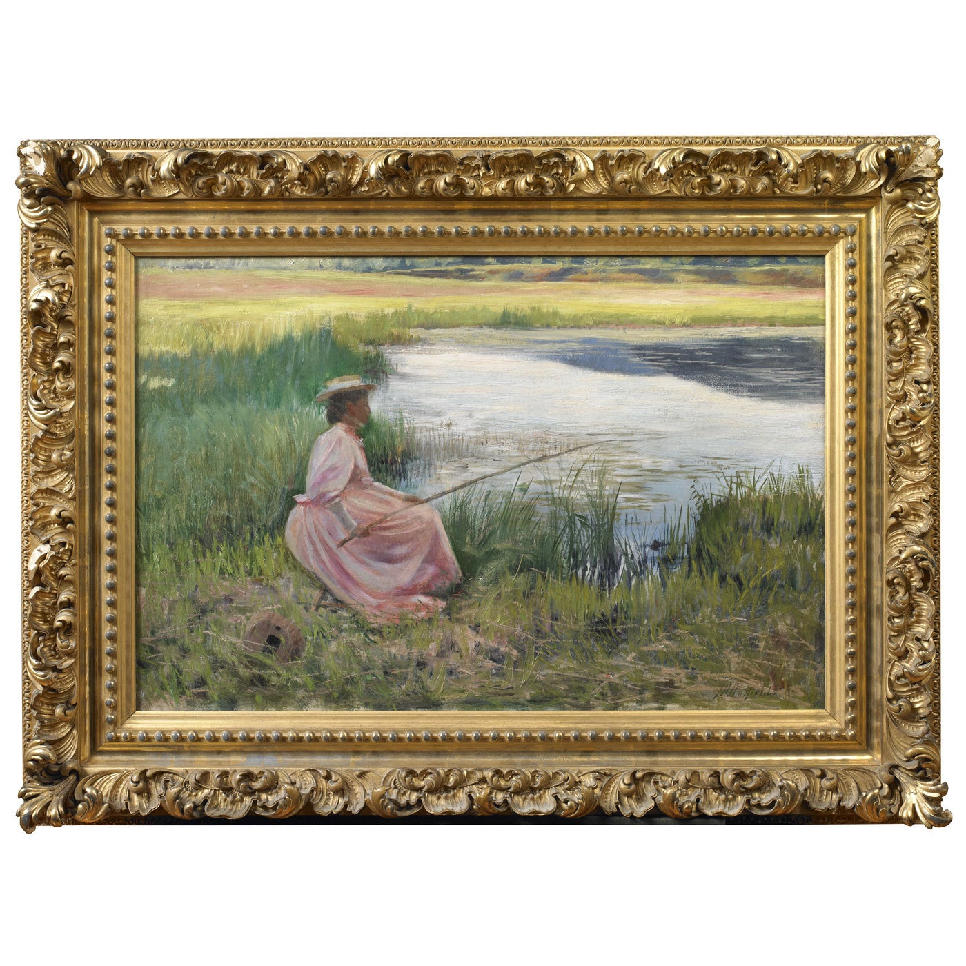 Joseph Henry Hatfield, "Young Woman Fishing Along a River" Oil on Canvas For Sale