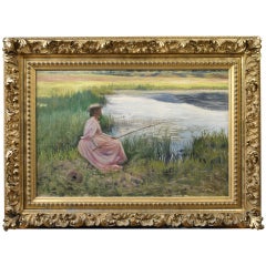 Joseph Henry Hatfield, "Young Woman Fishing Along a River" Oil on Canvas