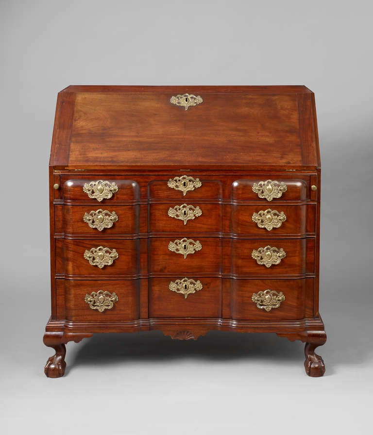 North Shore, Massachusetts, probably Salem, ca. 1760-1780.
Mahogany, secondary wood, white pine
One of the most notable features of the desk are the exceptionally rare ornate ormolu fire-gilt phoenix brass pulls & escutcheons. These would have