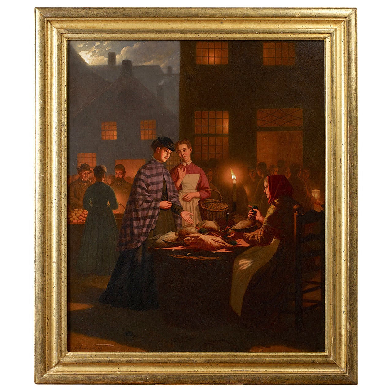 Painting by Johann Mongels Culverhouse, "Street Market Under the Moonlight" For Sale